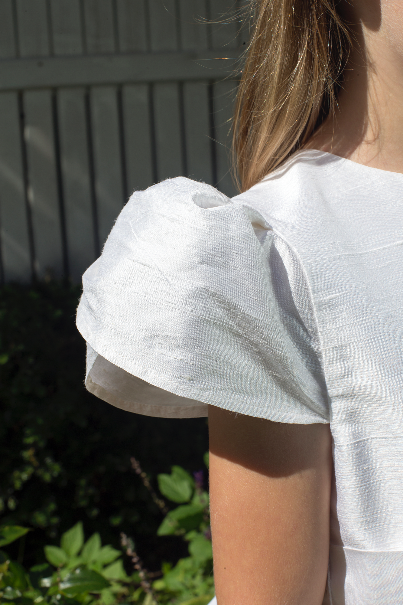 Mary Style White Silk Girls First Holy Communion Dress Handmade in Ireland.