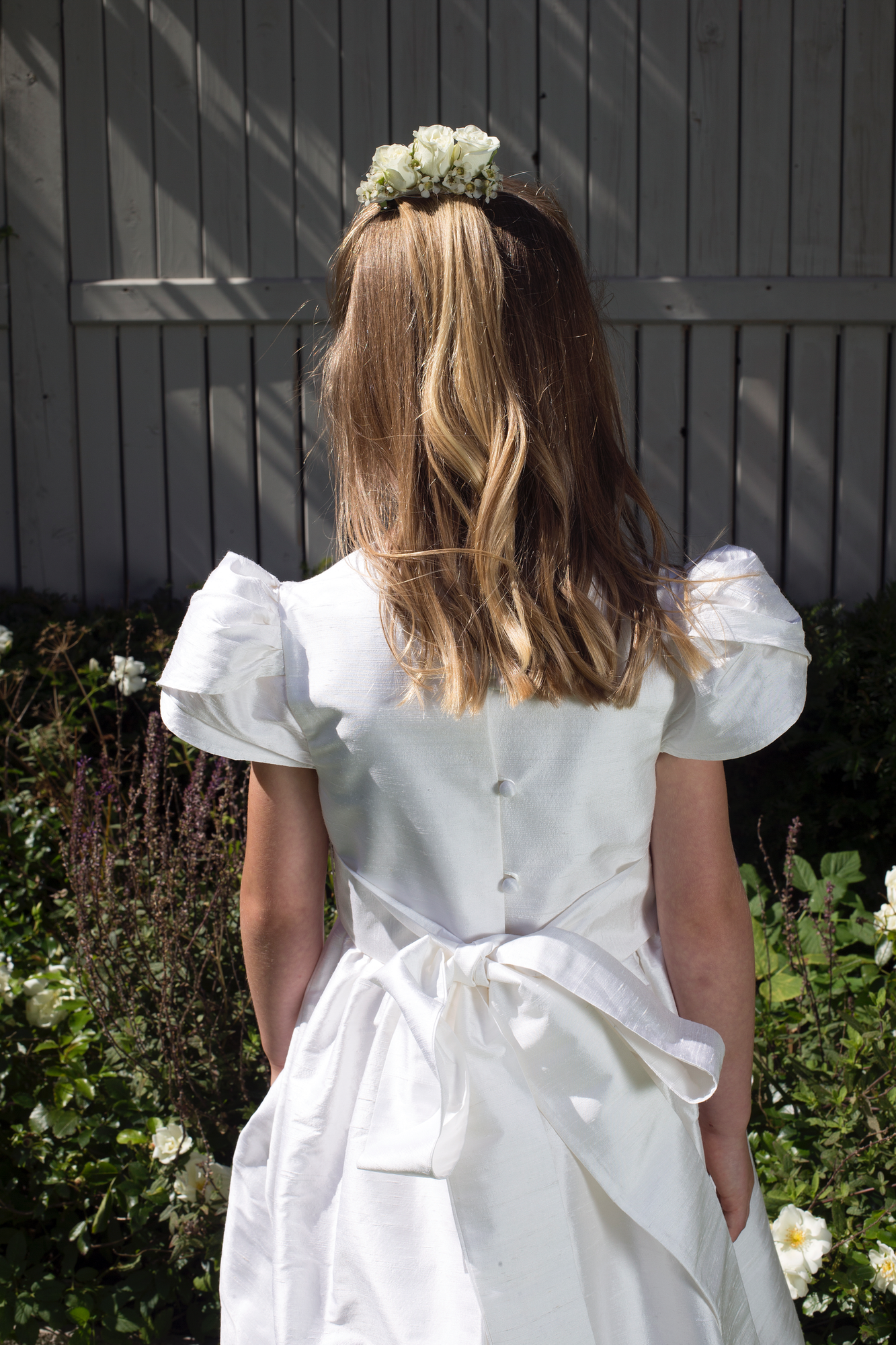 Mary Style White Silk Girls First Holy Communion Dress Handmade in Ireland.