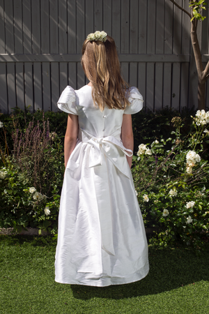 Mary Style White Silk Girls First Holy Communion Dress Handmade in Ireland.