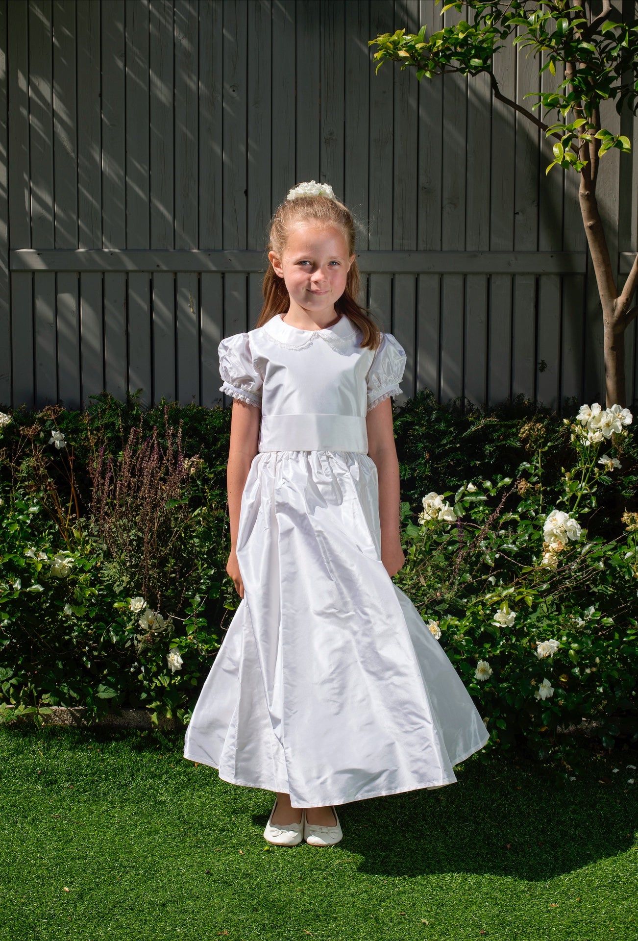 Aimee Style White Silk Girls First Holy Communion Dress Handmade in Ireland.