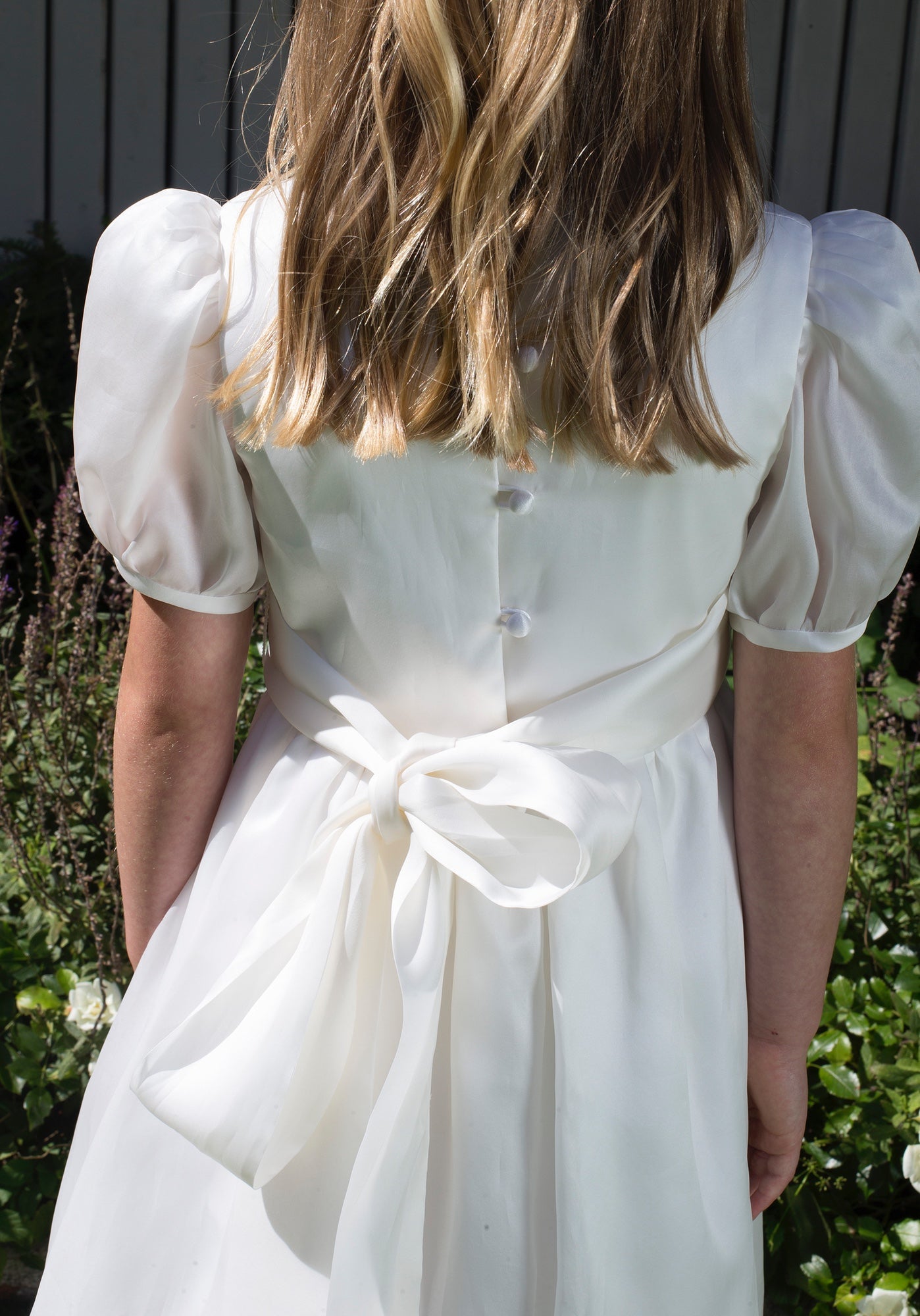 Siobhan Style White Silk Girls First Holy Communion Dress Handmade in Ireland.