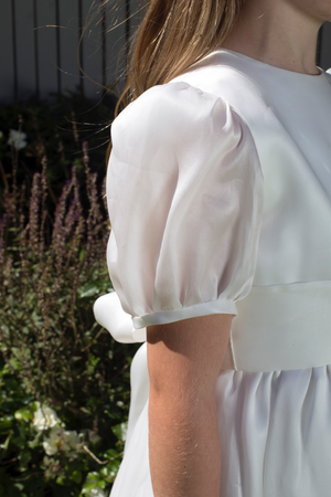 Siobhan Style White Silk Girls First Holy Communion Dress Handmade in Ireland.