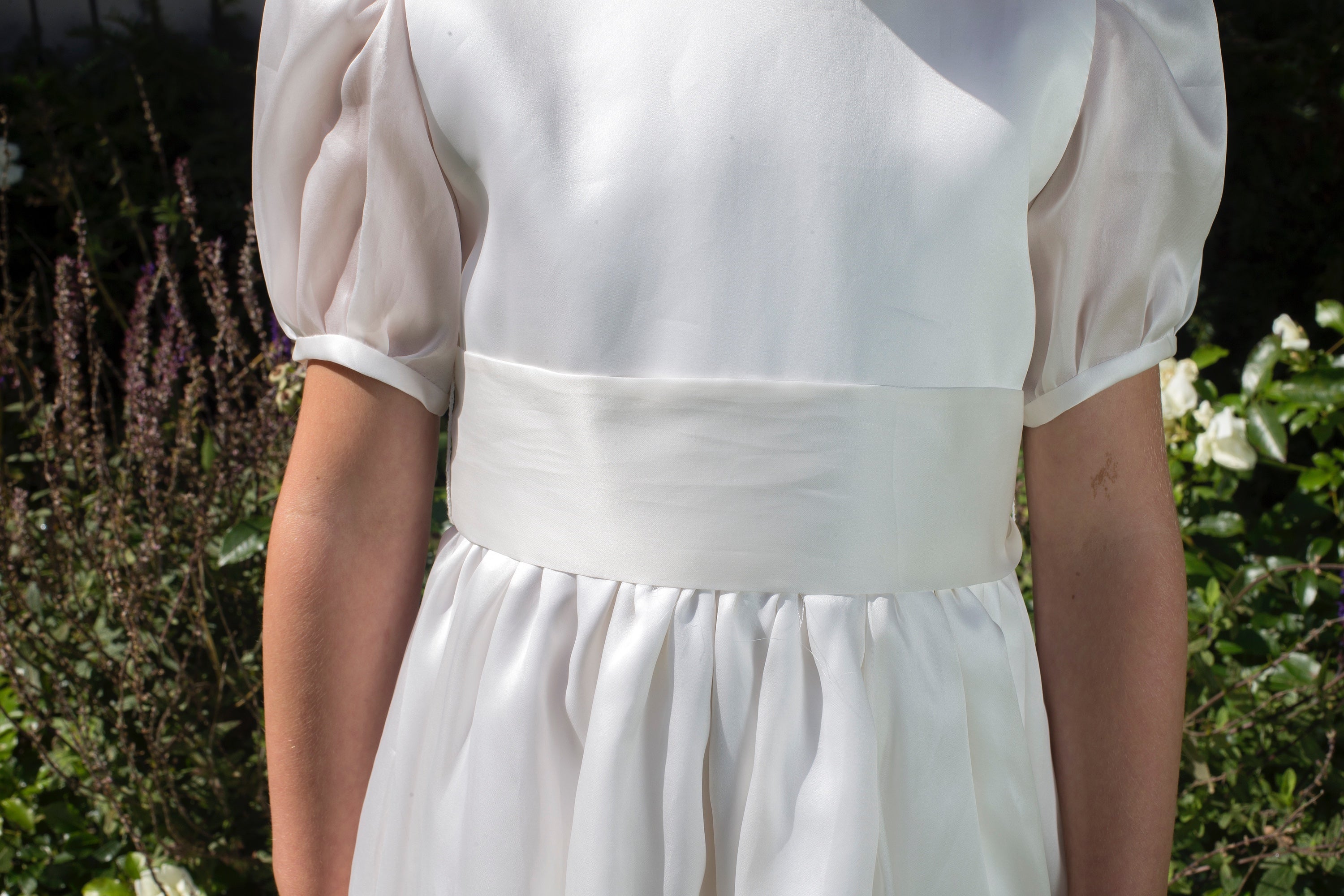 Siobhan Style White Silk Girls First Holy Communion Dress Handmade in Ireland.
